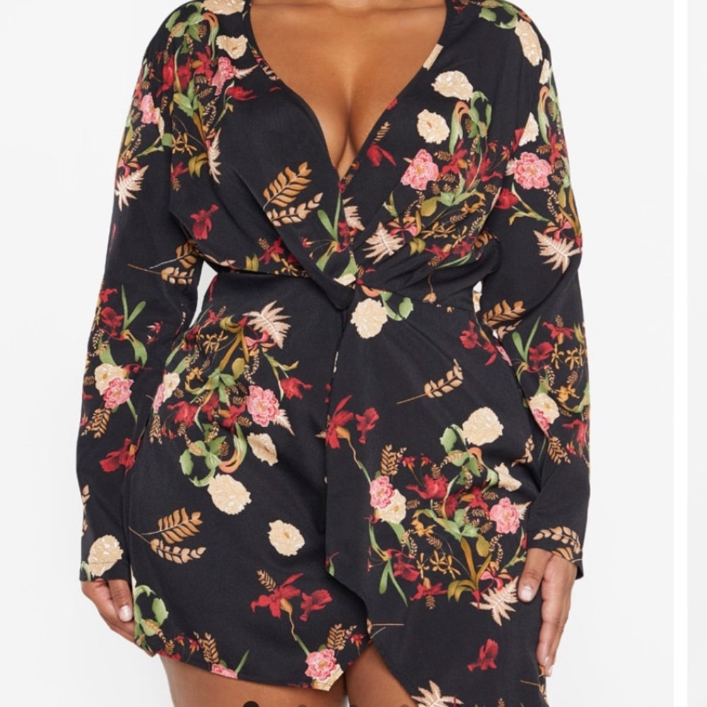 Plus black floral oriental printed satin long sleeve wrap dress